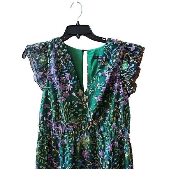 Maggie London Green Floral Embroidered Ruffle Sleeveless A-Line Midi Dress 10 - Picture 7 of 10